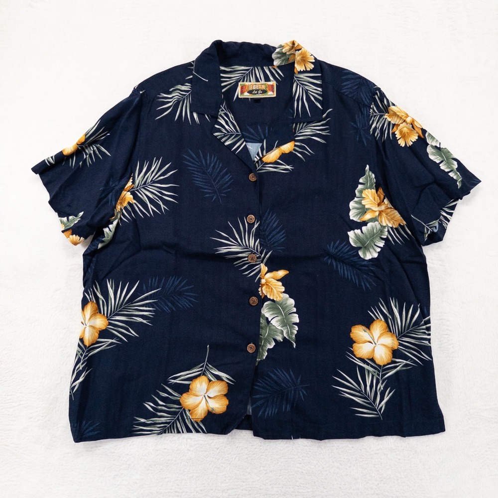 Caribbean Joe Womens Shirt 1X Navy Blue Tropical Floral Rayon Camp Aloha Blouse
